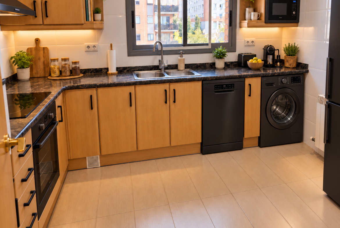 Cocina moderna con electrodomésticos negros