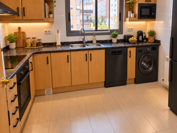 Cocina moderna con electrodomésticos negros