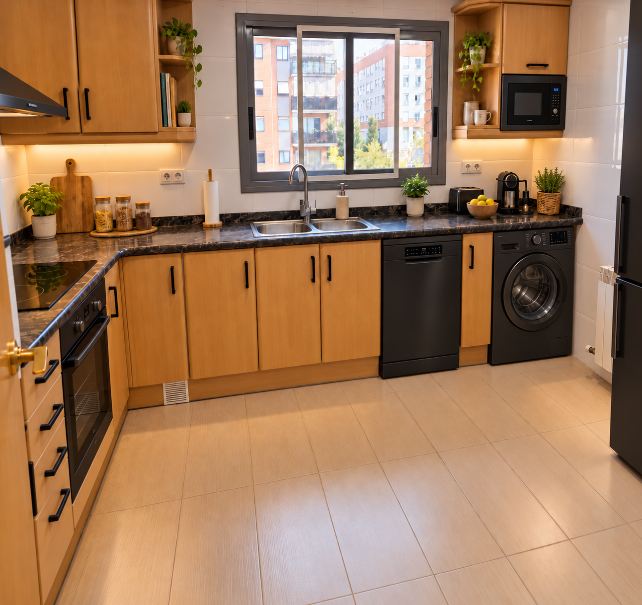 Cocina moderna con electrodomésticos negros